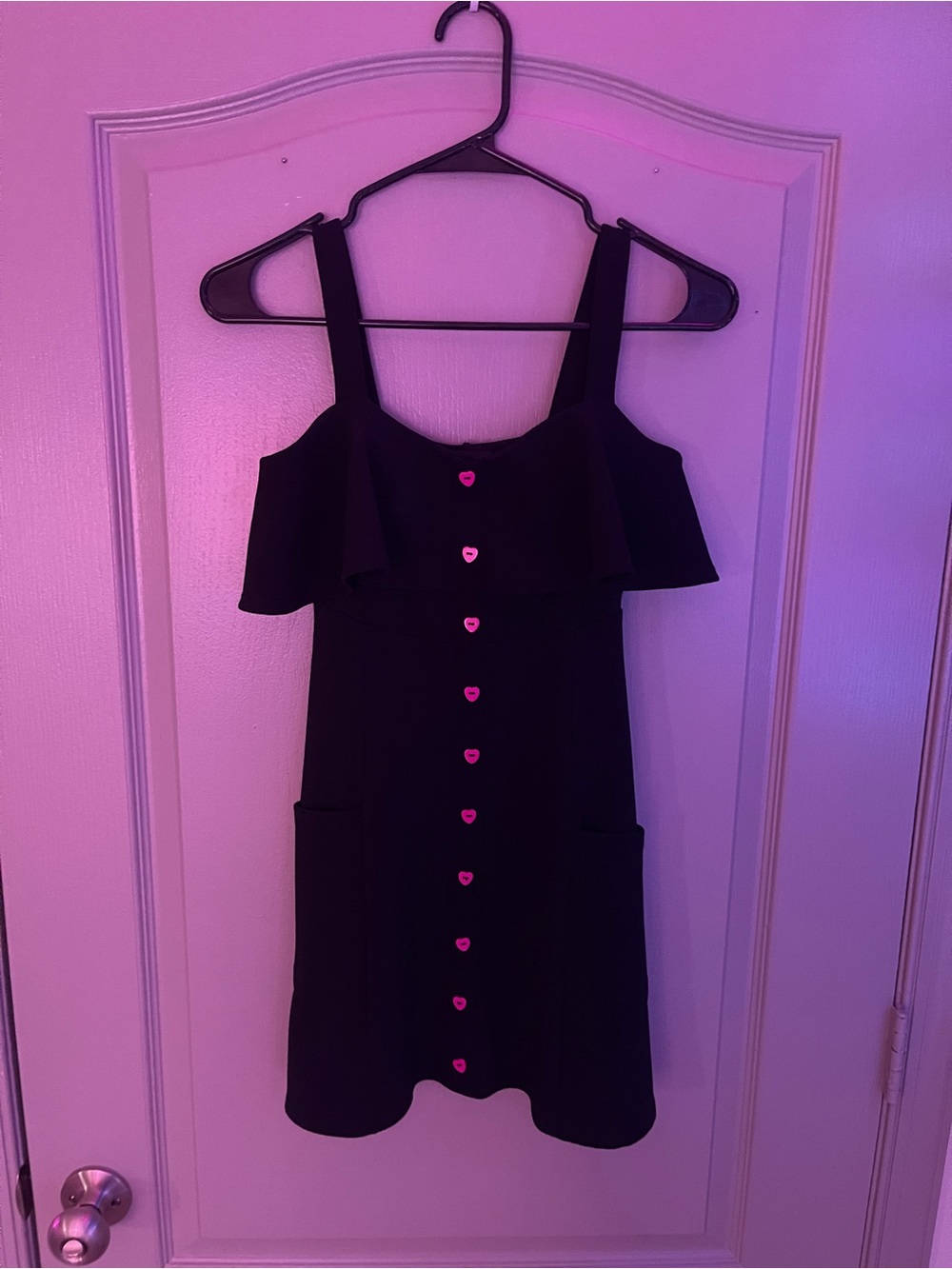 Harlow Black Ruffle-Front Mini Dress with Pink Heart Buttons